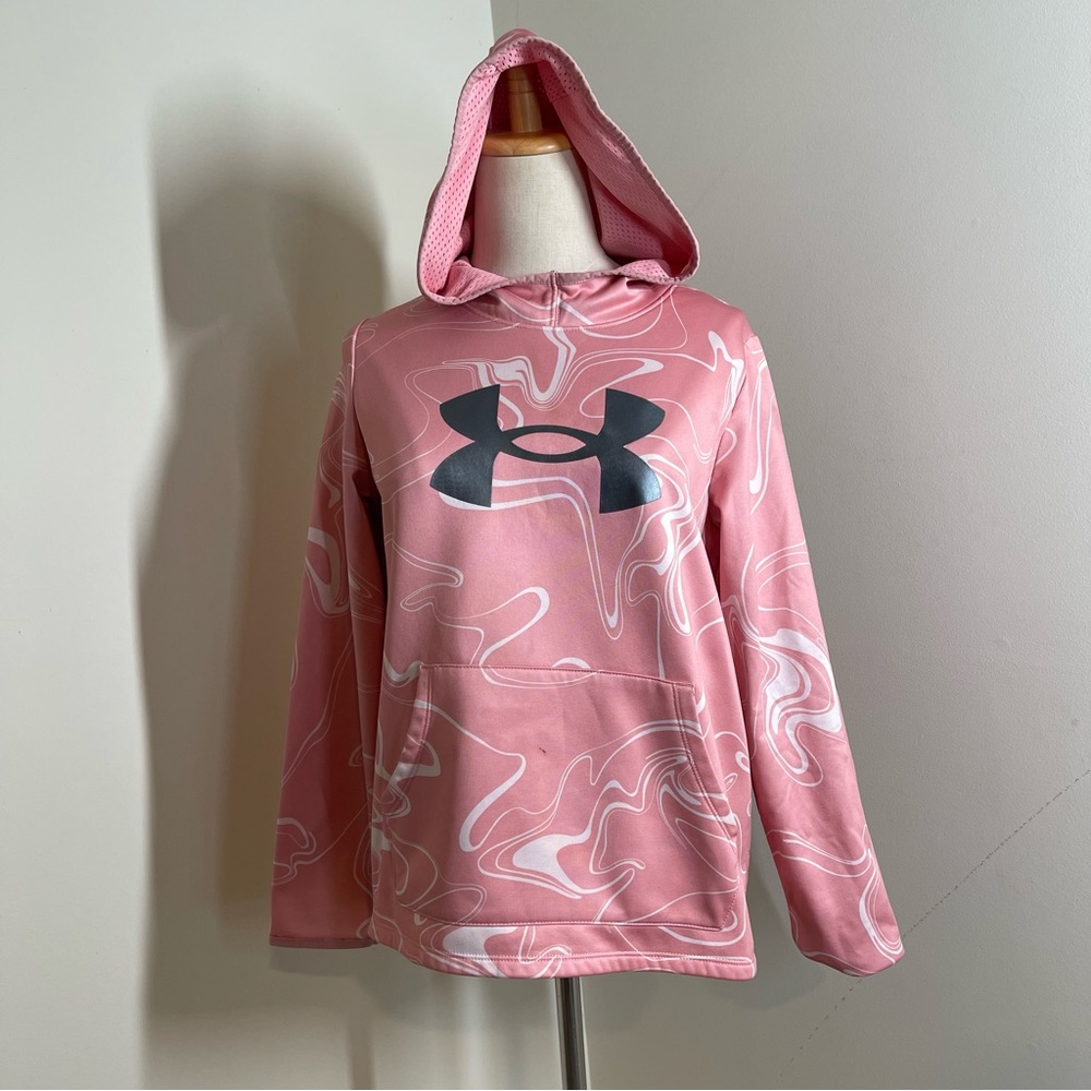 Under Armour Girl’s Graphic Print Logo- SZ XL Y -Pink Hooded Sweatshirt Hoodie